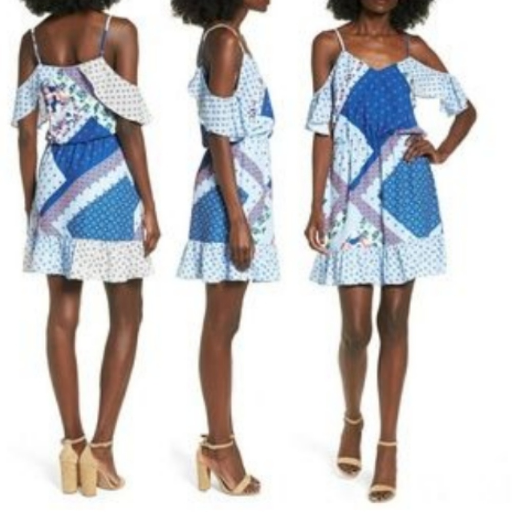 Devlin Sz L Blue Printed Off Shoulder Joanna Dress